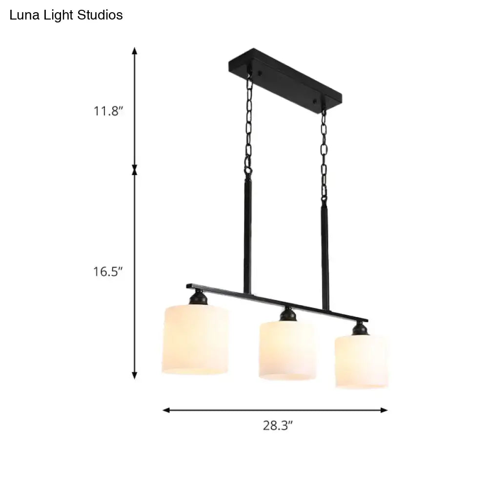 Vintage black metal island light with three white frosted glass shades for dining room pendant lighting