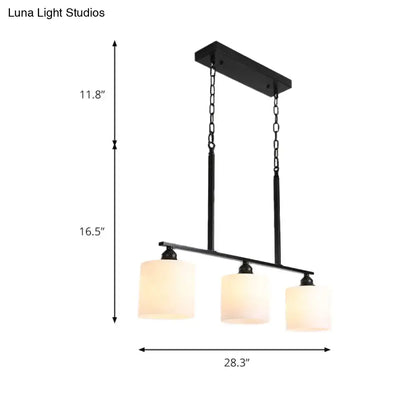 Vintage black metal island light with three white frosted glass shades for dining room pendant lighting