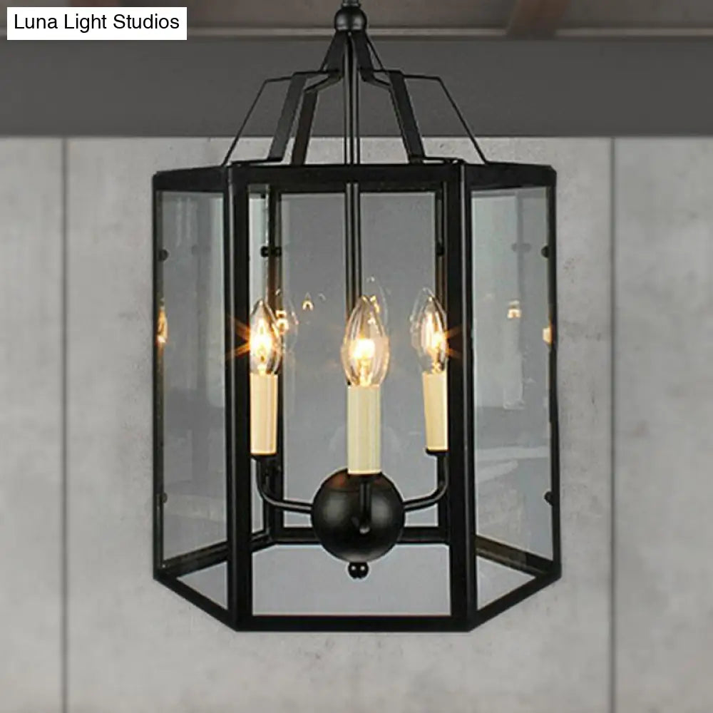 Vintage Black and White Hanging Chandelier - 3-Light Clear Glass Candle Pendant Fixture