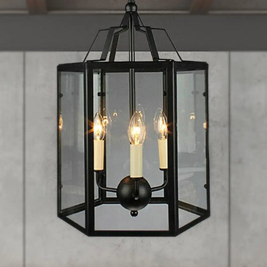 Vintage Black and White Hanging Chandelier - 3-Light Clear Glass Candle Pendant Fixture