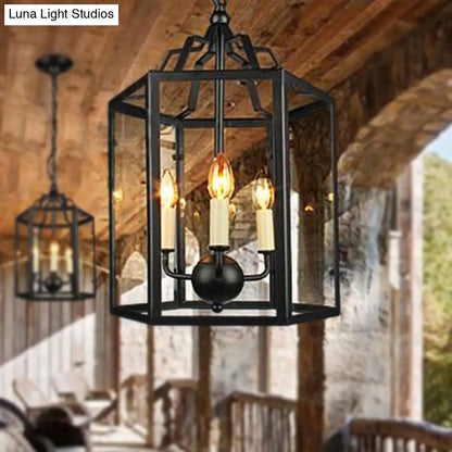 Vintage Black and White Hanging Chandelier - 3-Light Clear Glass Candle Pendant Fixture