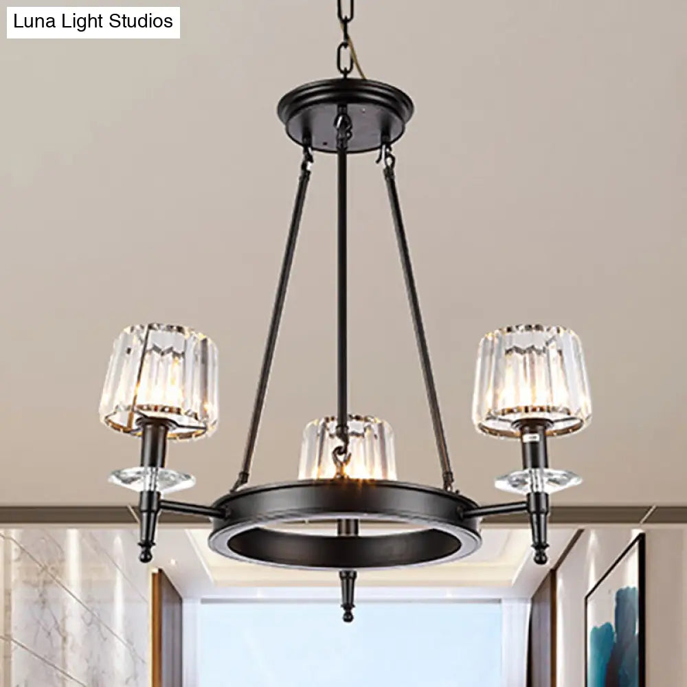 Lámpara colgante vintage negra en forma de barril: Araña metálica con pantallas de cristal prismático - 3/6/8 luces