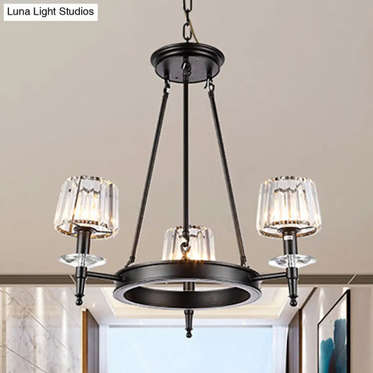 Lámpara colgante vintage negra en forma de barril: Araña metálica con pantallas de cristal prismático - 3/6/8 luces