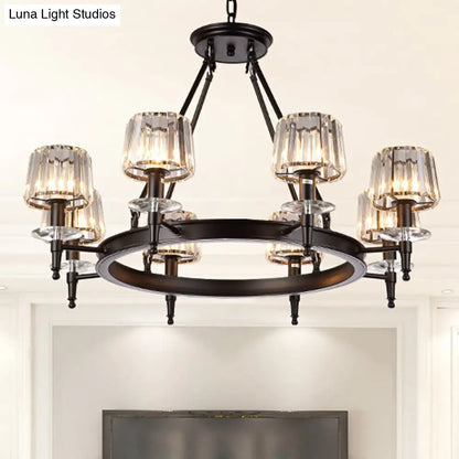 Lámpara colgante vintage negra en forma de barril: Araña metálica con pantallas de cristal prismático - 3/6/8 luces