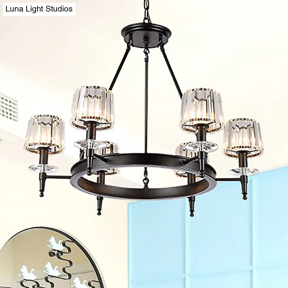 Lámpara colgante vintage negra en forma de barril: Araña metálica con pantallas de cristal prismático - 3/6/8 luces