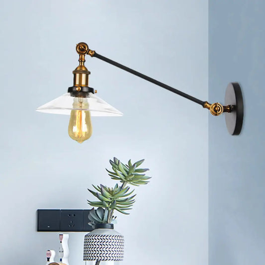 Vintage Black/Brass/Bronze Cone Glass Sconce Light - 8"/12" Arm