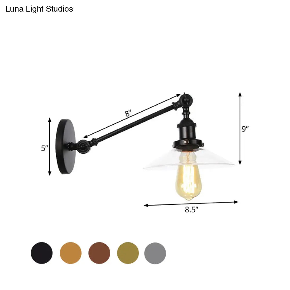 Vintage Black/Brass/Bronze Cone Glass Sconce Light - 8"/12" Arm