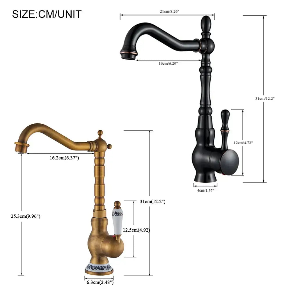 Antique-style single handle kitchen basin mixer with ornate decorbites black brass faucet in gold-toned bronze and matte black