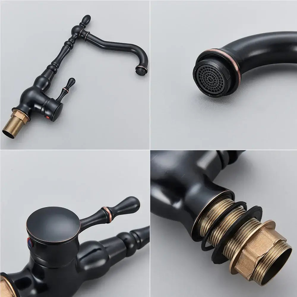 Vintage single handle kitchen sink mixer tap in black brass faucet with matte finish and brass accents by decorbites