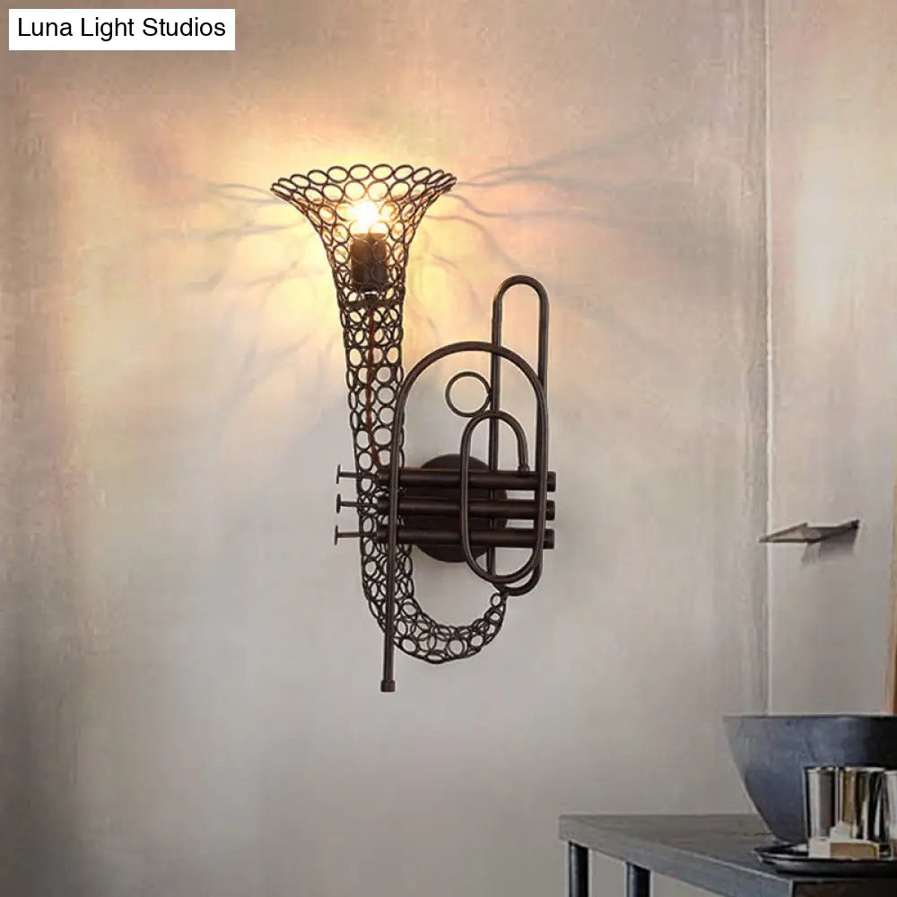 Vintage Black/Brass Iron Wall Sconce Lighting: 1-Light Saxophone Wall Mount Lamp for Bedroom