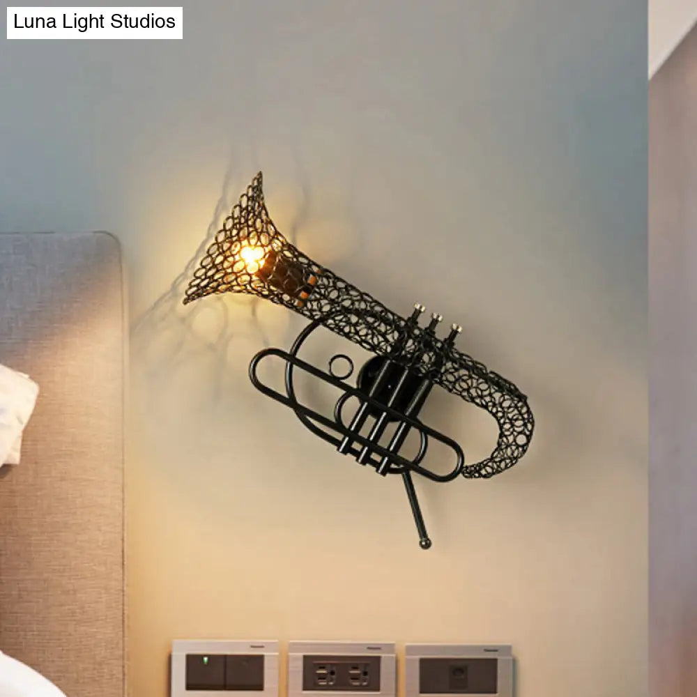Vintage Black/Brass Iron Wall Sconce Lighting: 1-Light Saxophone Wall Mount Lamp for Bedroom