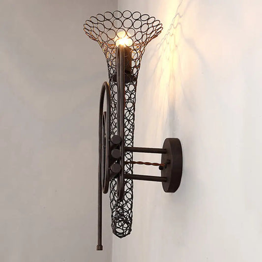 Vintage Black/Brass Iron Wall Sconce Lighting: 1-Light Saxophone Wall Mount Lamp for Bedroom