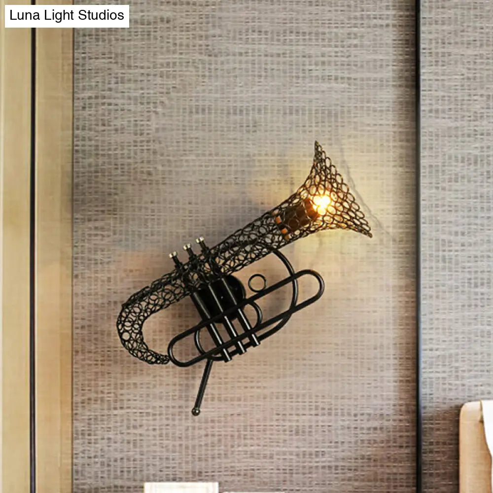 Vintage Black/Brass Iron Wall Sconce Lighting: 1-Light Saxophone Wall Mount Lamp for Bedroom