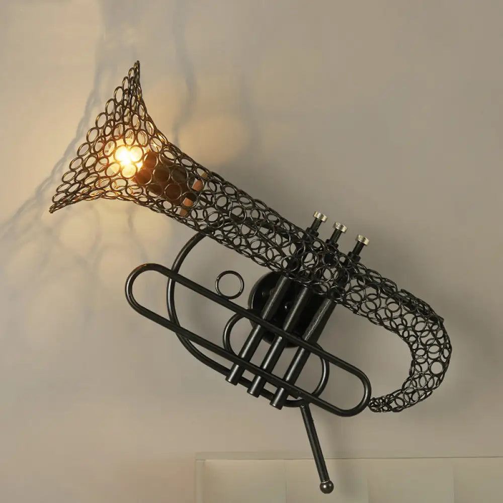 Vintage Black/Brass Iron Wall Sconce Lighting: 1-Light Saxophone Wall Mount Lamp for Bedroom