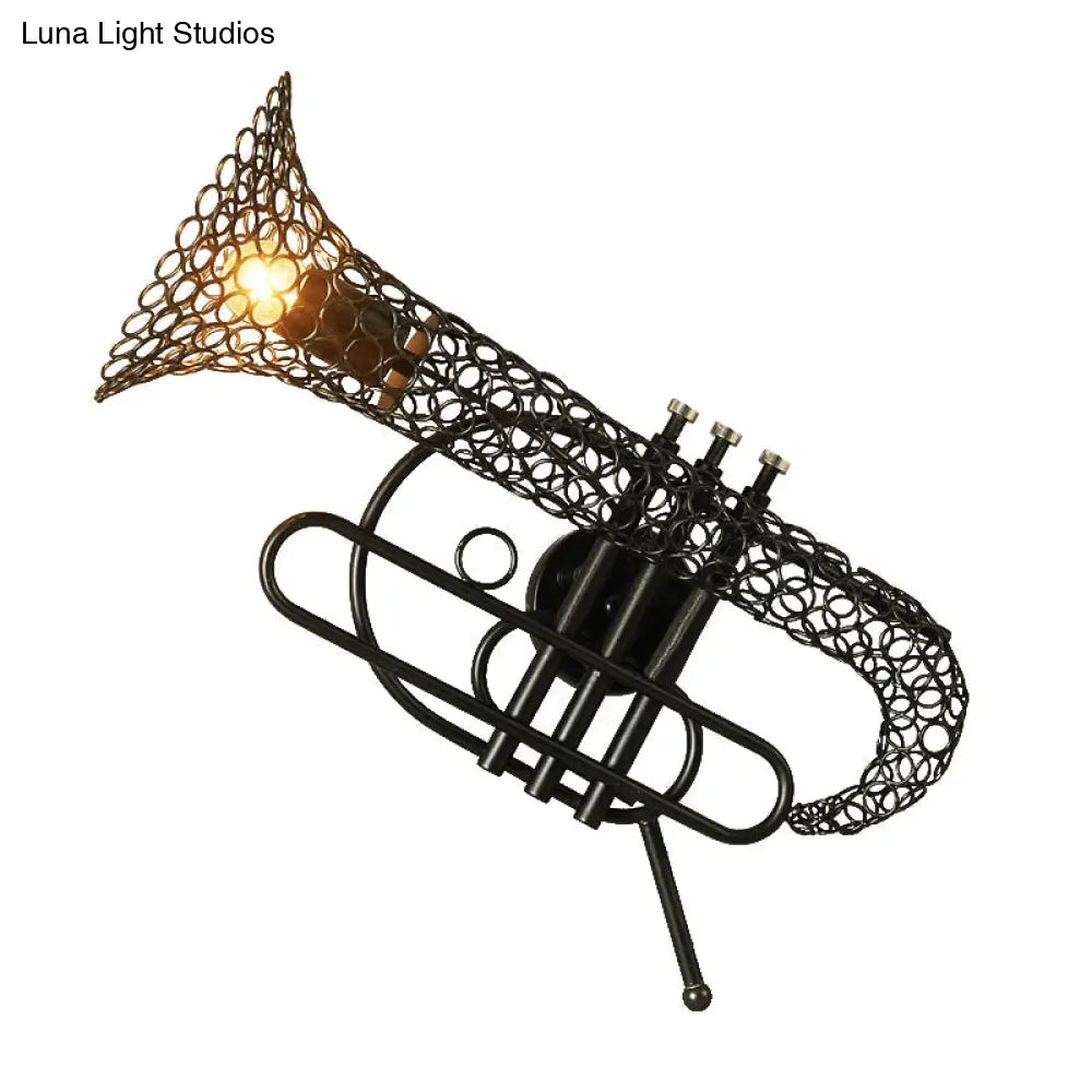 Vintage Black/Brass Iron Wall Sconce Lighting: 1-Light Saxophone Wall Mount Lamp for Bedroom