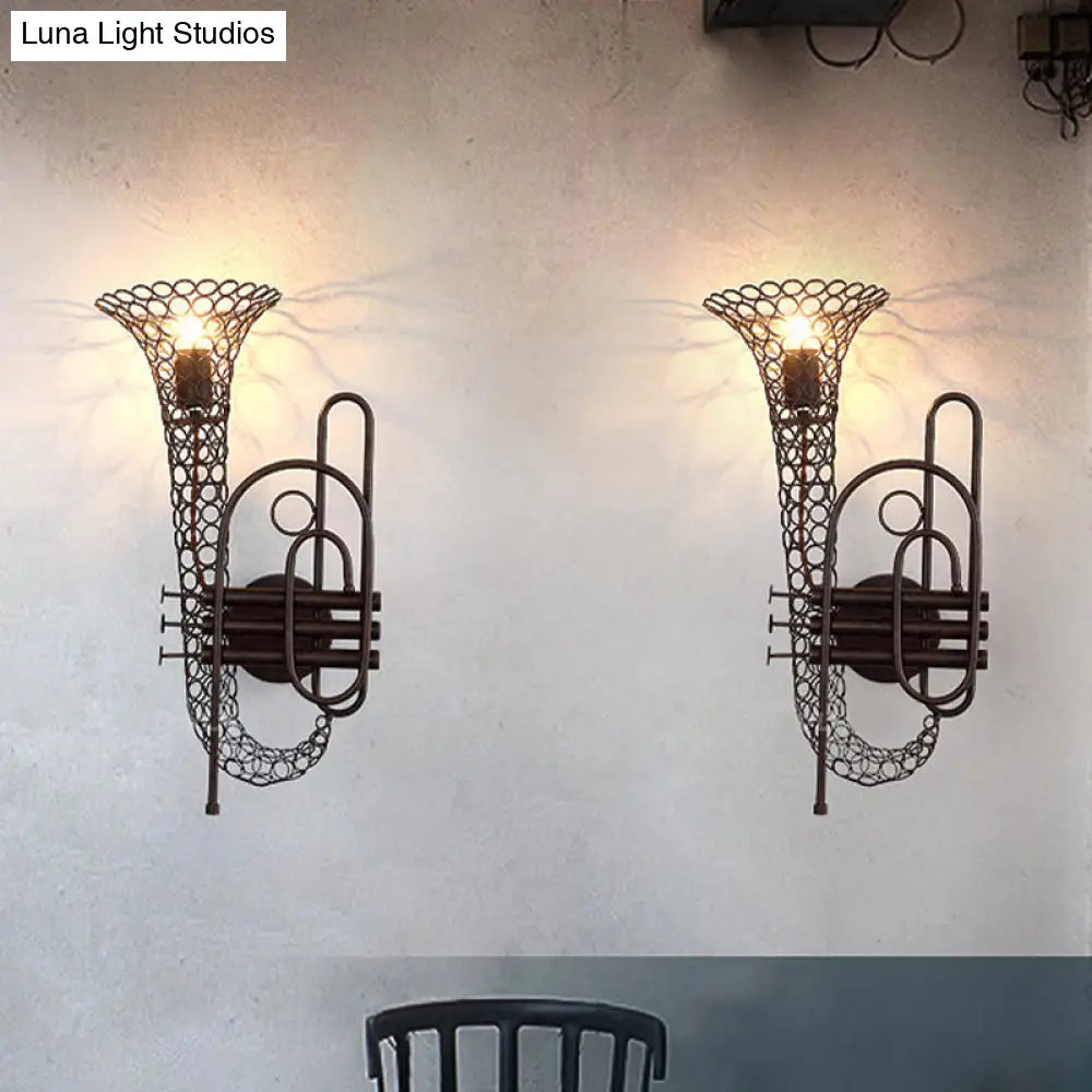 Vintage Black/Brass Iron Wall Sconce Lighting: 1-Light Saxophone Wall Mount Lamp for Bedroom