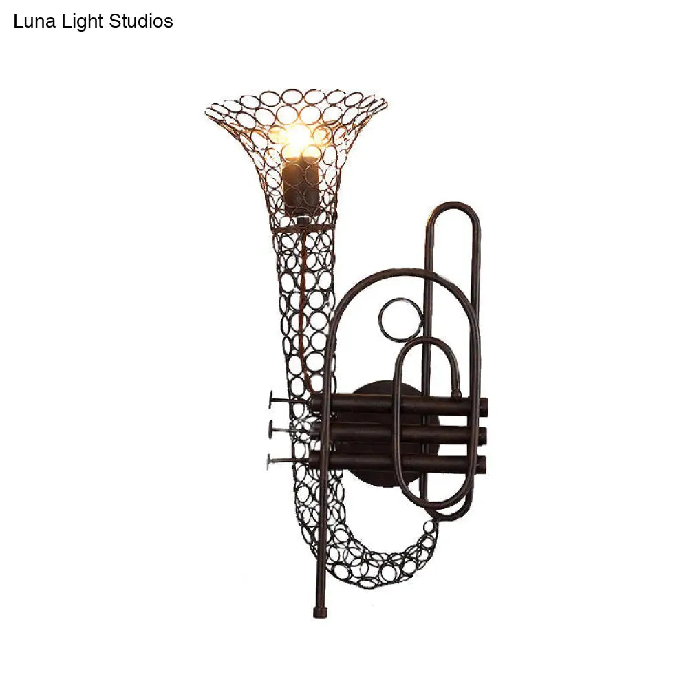 Vintage Black/Brass Iron Wall Sconce Lighting: 1-Light Saxophone Wall Mount Lamp for Bedroom