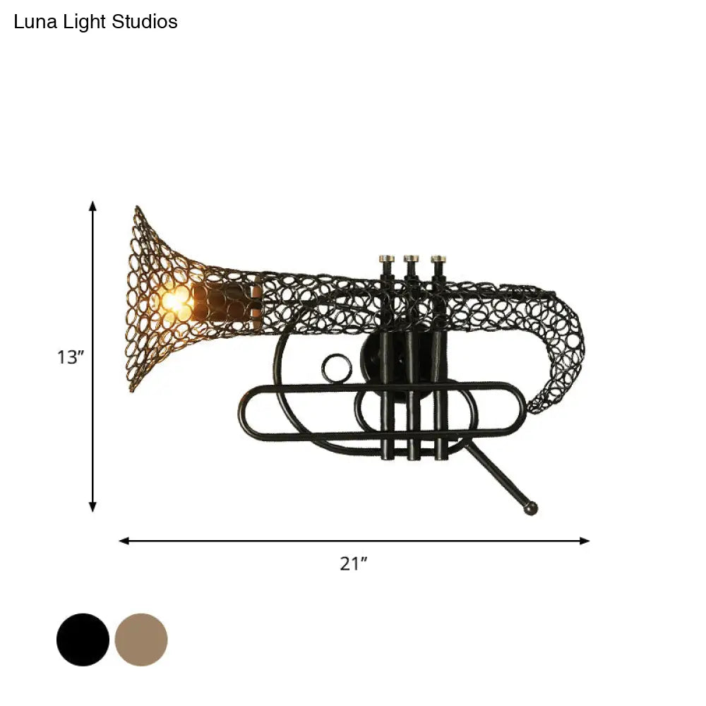 Vintage Black/Brass Iron Wall Sconce Lighting: 1-Light Saxophone Wall Mount Lamp for Bedroom
