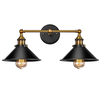 Industrial-style double-light wall sconce with black metal matte finish and brass accents for pendant light kitchen island lighting