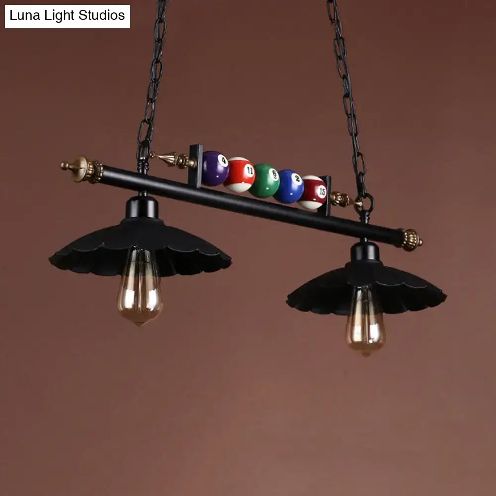 Black wrought iron pool table ceiling light fixture with e26 e27 bulb base vintage edison bulbs and colorful billiard balls