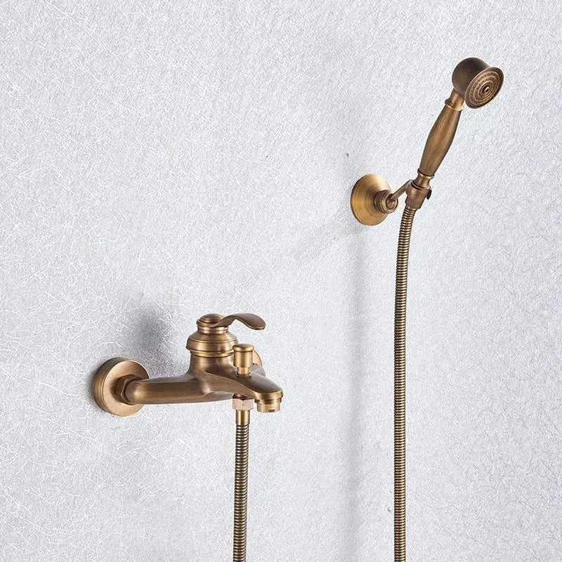 Antique brass-finished vintage black brass shower faucet mixer with handheld showerhead and flexible hoses wall-mounted