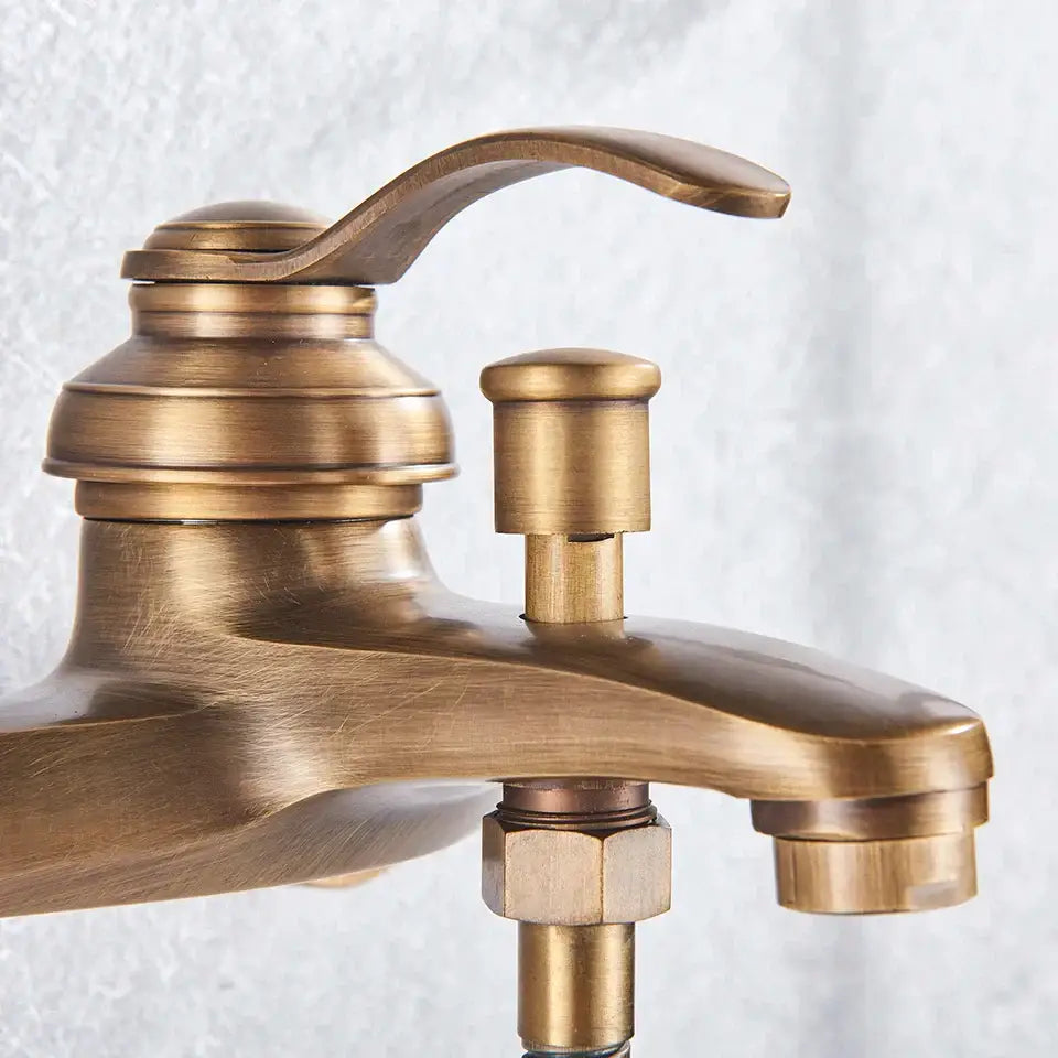 Antique brass-finished single-handle faucet mixer tap with curved spout and soap dispenser for vintage shower faucet mixer set