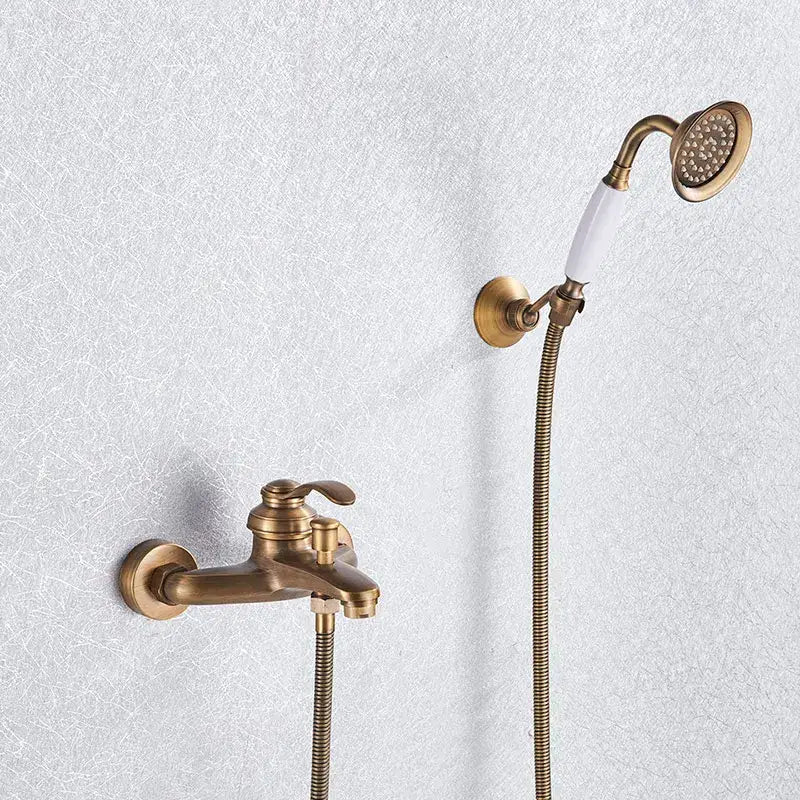 Vintage black brass shower faucet mixer tap set with antique brass finish and white ceramic handle handheld showerhead