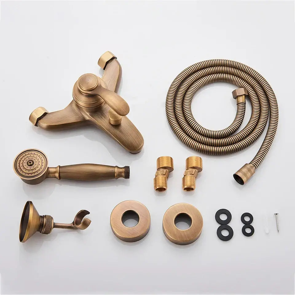 Vintage black brass shower faucet mixer tap set with antique brass finish includes hand shower, flexible hose, and mounting hardware