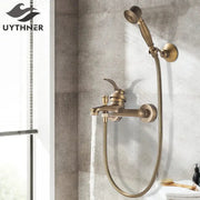 Vintage black brass shower faucet mixer tap set with brass-finished detachable handheld sprayer and flexible hose