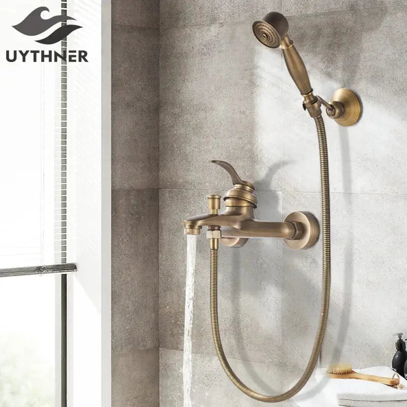 Vintage black brass shower faucet mixer tap set with brass-finished detachable handheld sprayer and flexible hose