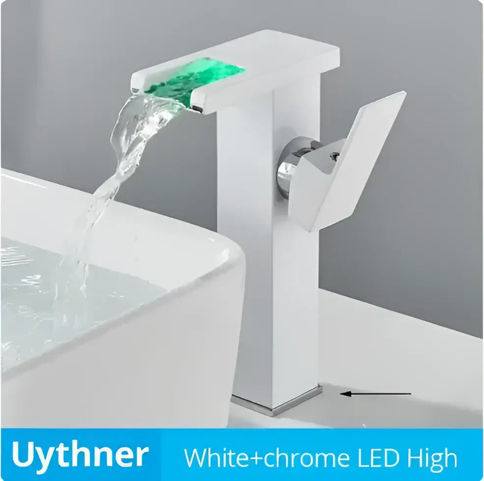 Vintage black brass shower faucet mixer tap set with white and chrome led high faucet emitting green light waterfall spout