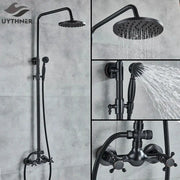 Vintage black bronze shower faucet set with matte finish round rainhead handheld spray and vintage cross-handle valves