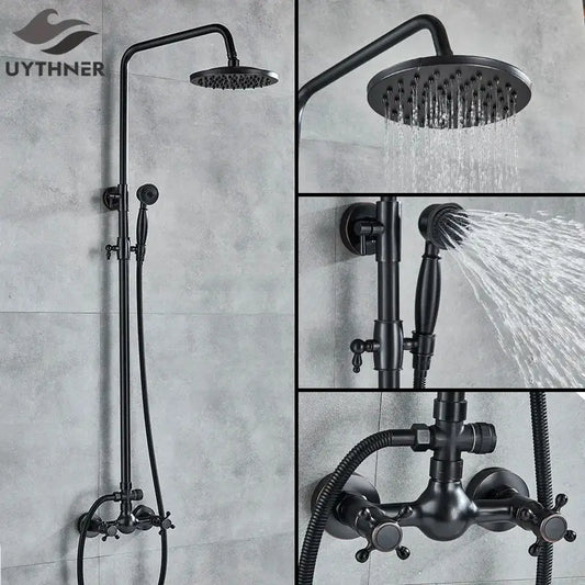 Vintage black bronze shower faucet set with matte finish round rainhead handheld spray and vintage cross-handle valves