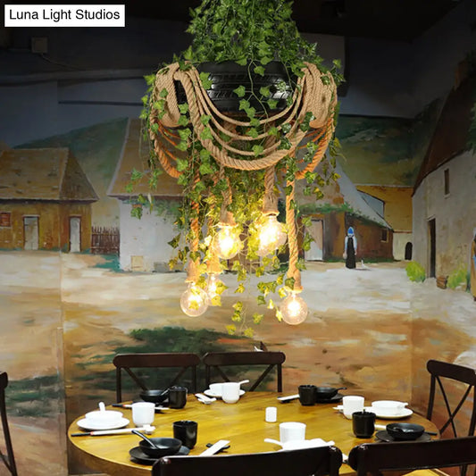 Vintage Black Bulb Chandelier with Hemp Rope and 6 Lights for Restaurant or Plant Drop