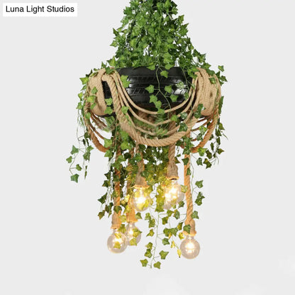 Vintage Black Bulb Chandelier with Hemp Rope and 6 Lights for Restaurant or Plant Drop