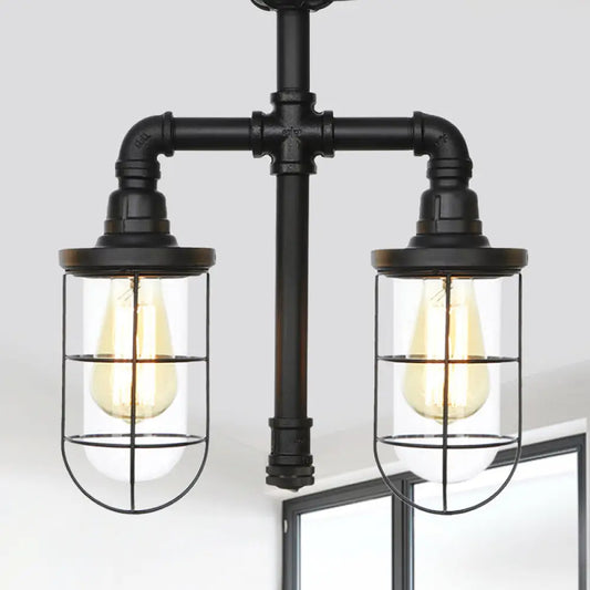 DecorBites™ DecorBites™ Vintage Black Caged Semi Flush Mount Ceiling Lamp with Clear Glass - 2 Heads Lighting