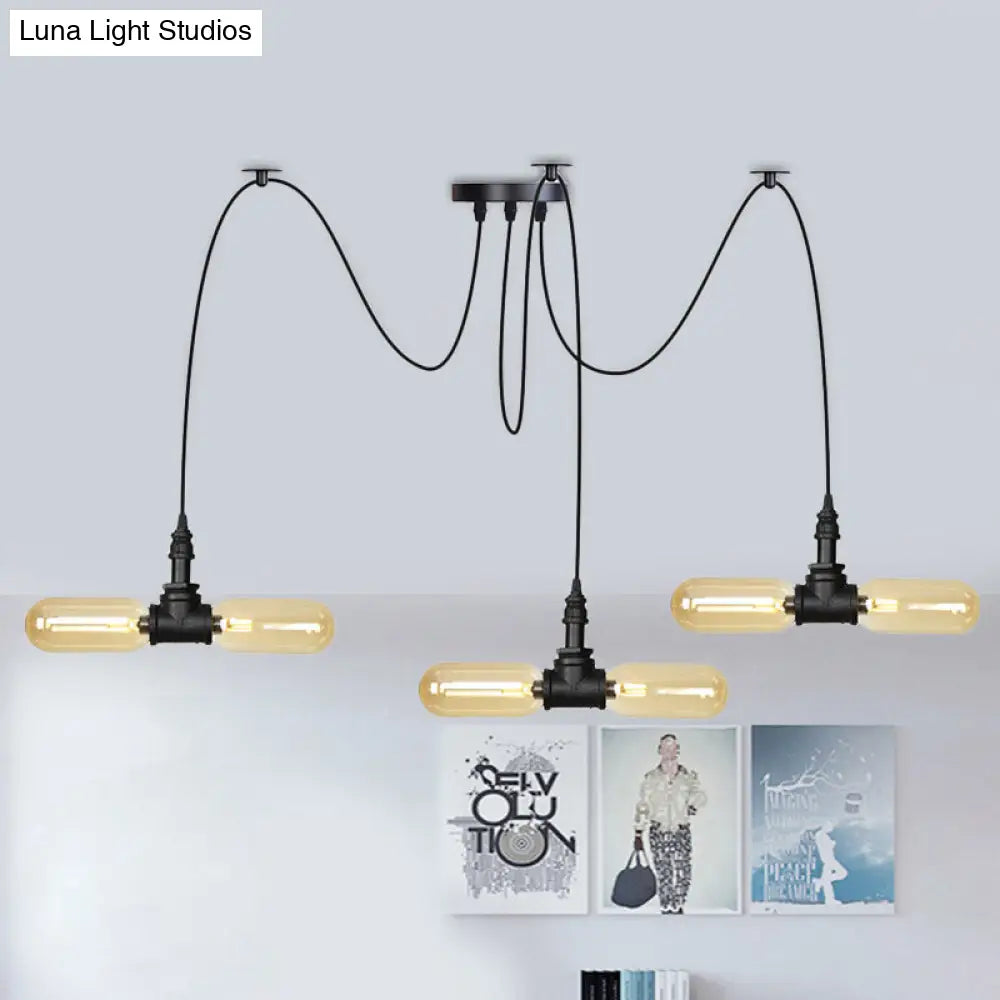 Vintage Black Capsule LED Pendant Lamp - Amber Glass, 4/6/12-Bulb, Restaurant Swag, Multi Ceiling Lighting