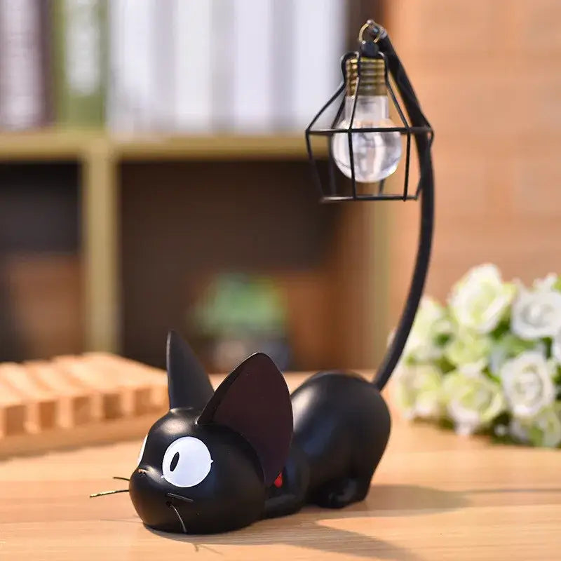 Vintage black cartoon cat led night light desk lamp with metal wire cage and glossy finish for bedroom decorbites cartoon cat