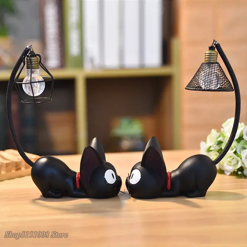 Vintage black cartoon cat led night light desk lamp with slender metal arms and vintage-style bulbs by decorbites cartoon cat