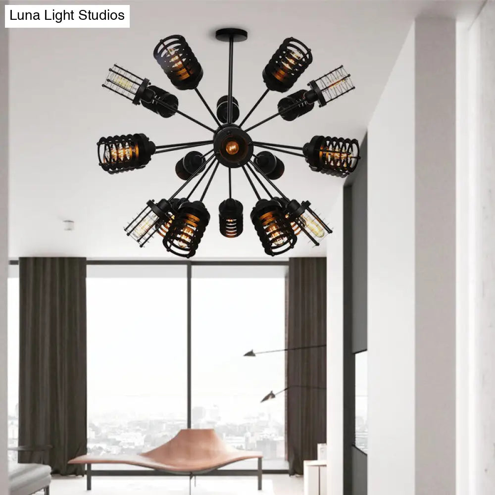 Vintage Black Chandelier Light: Starburst Metal with 9/12/15 Heads & Cylinder Frame Shade for Bedroom
