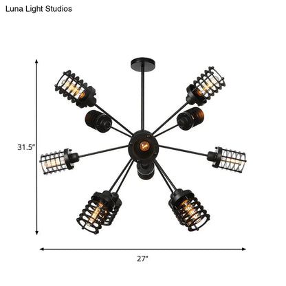 Vintage Black Chandelier Light: Starburst Metal with 9/12/15 Heads & Cylinder Frame Shade for Bedroom