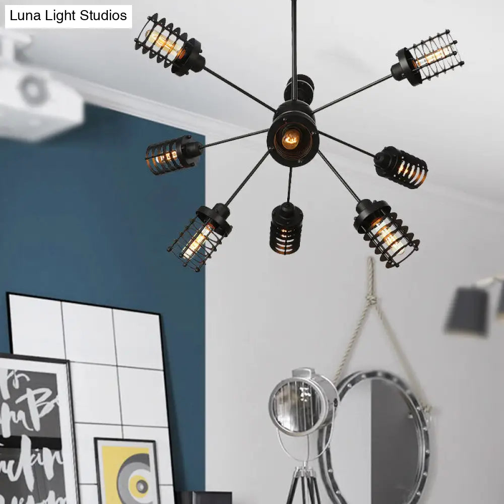 Vintage Black Chandelier Light: Starburst Metal with 9/12/15 Heads & Cylinder Frame Shade for Bedroom