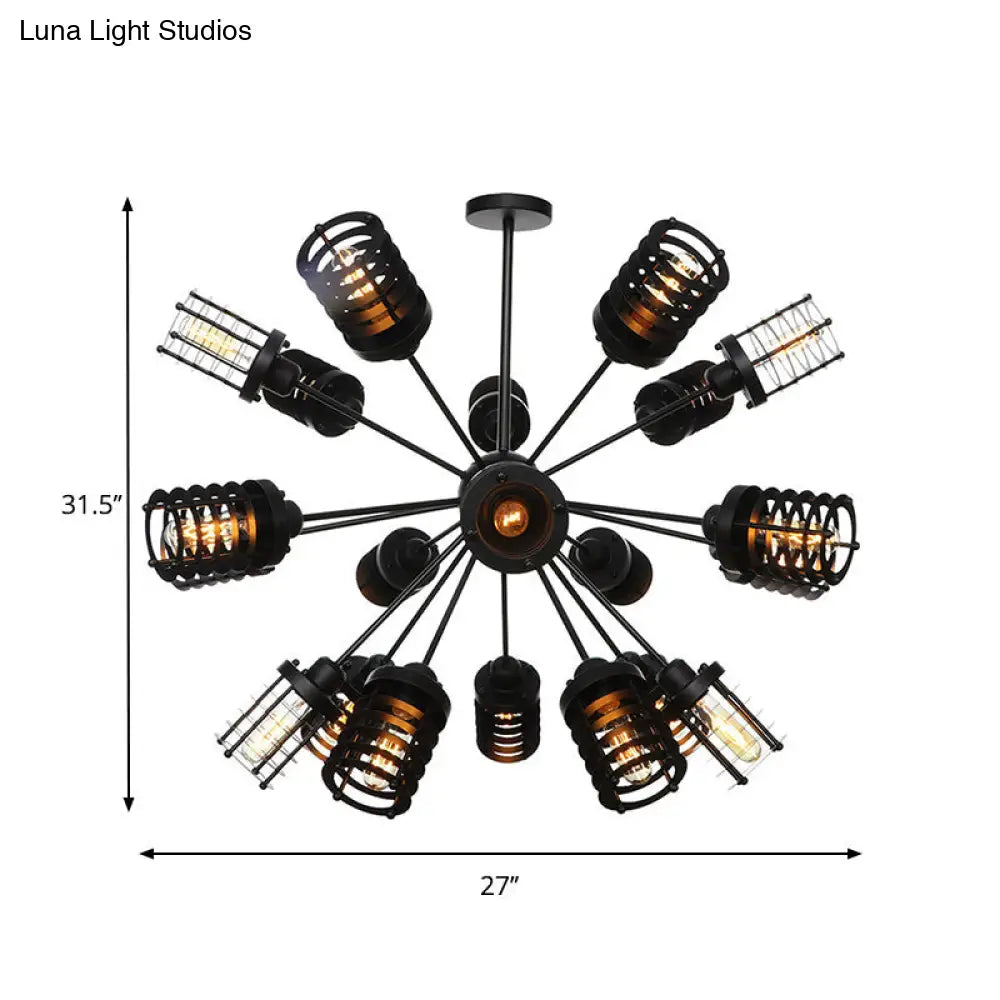 Vintage Black Chandelier Light: Starburst Metal with 9/12/15 Heads & Cylinder Frame Shade for Bedroom