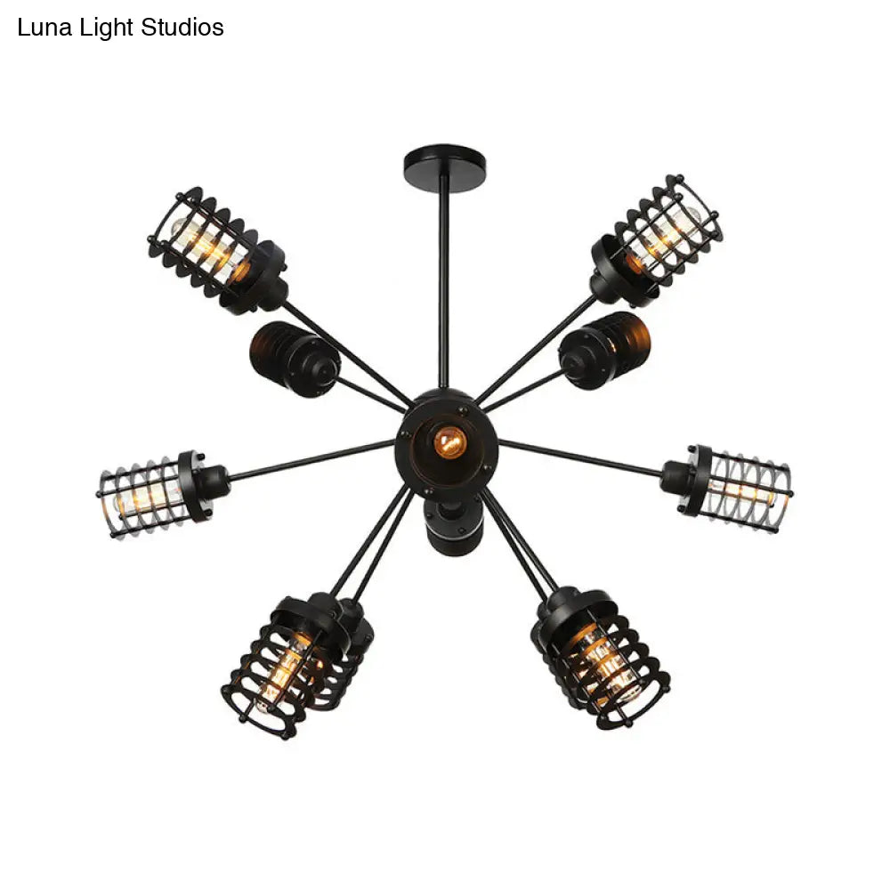 Vintage Black Chandelier Light: Starburst Metal with 9/12/15 Heads & Cylinder Frame Shade for Bedroom