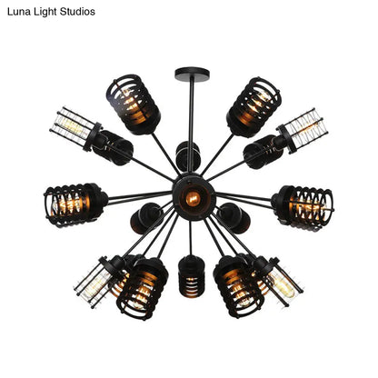 Vintage Black Chandelier Light: Starburst Metal with 9/12/15 Heads & Cylinder Frame Shade for Bedroom