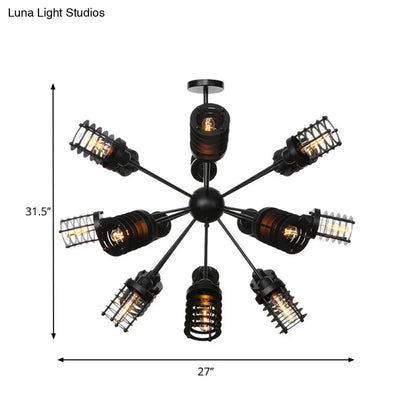 Vintage Black Chandelier Light: Starburst Metal with 9/12/15 Heads & Cylinder Frame Shade for Bedroom
