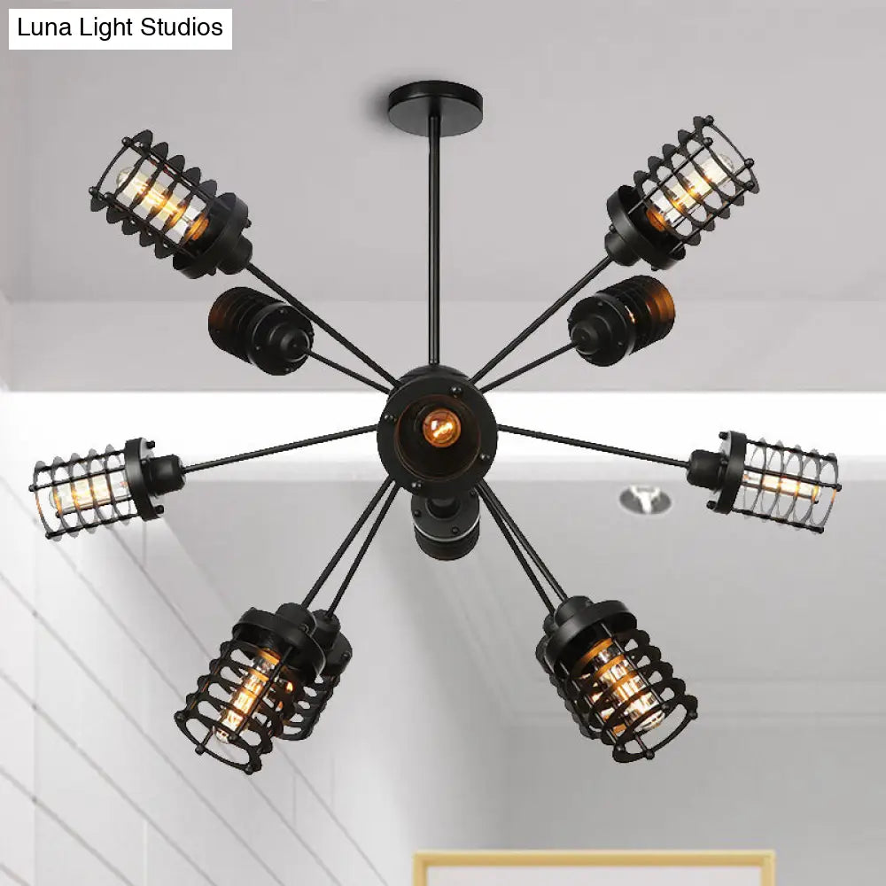 Vintage Black Chandelier Light: Starburst Metal with 9/12/15 Heads & Cylinder Frame Shade for Bedroom