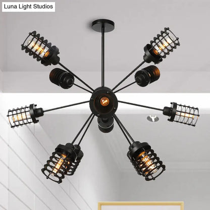 Vintage Black Chandelier Light: Starburst Metal with 9/12/15 Heads & Cylinder Frame Shade for Bedroom