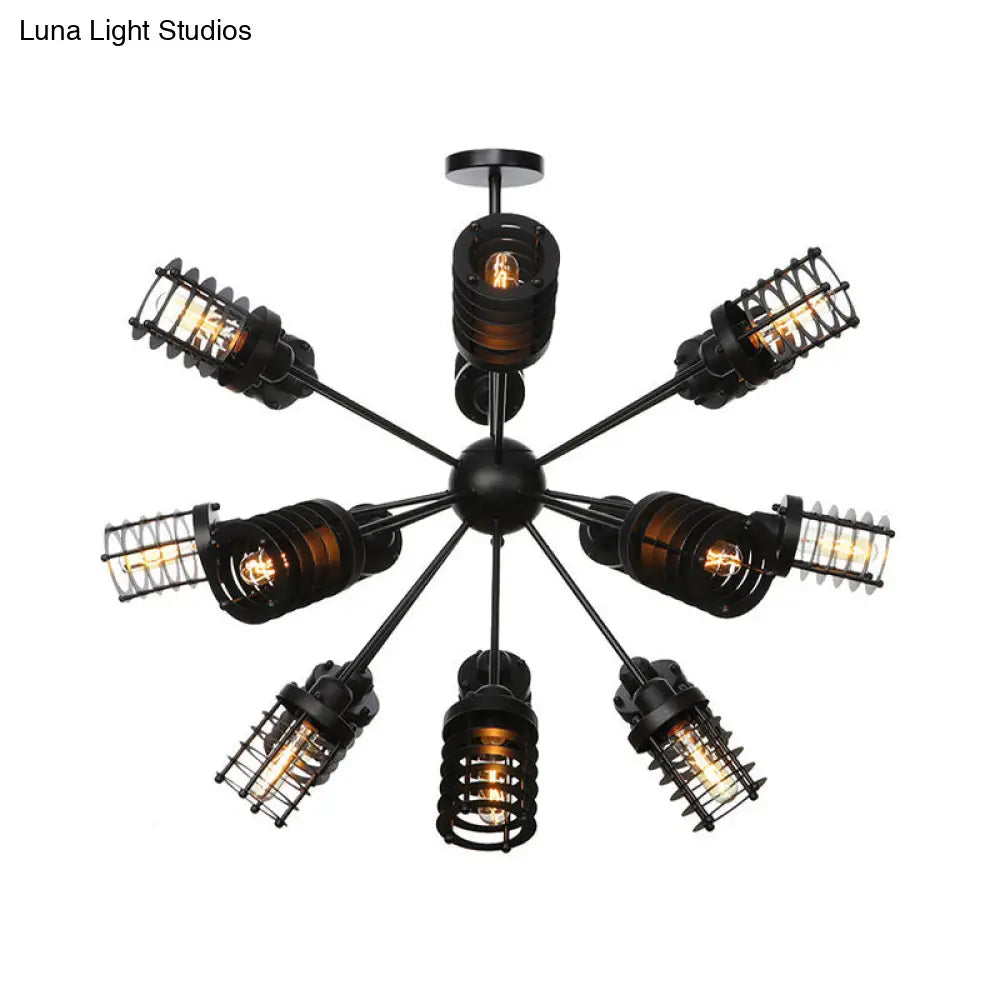 Vintage Black Chandelier Light: Starburst Metal with 9/12/15 Heads & Cylinder Frame Shade for Bedroom