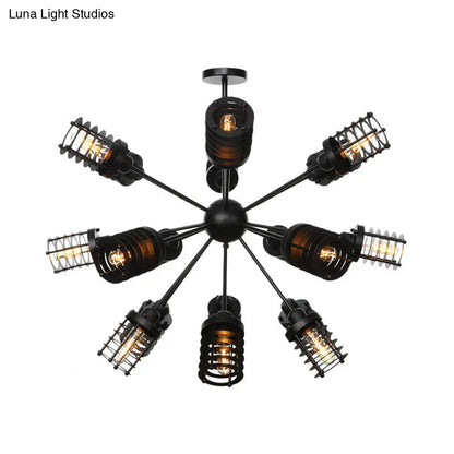 Vintage Black Chandelier Light: Starburst Metal with 9/12/15 Heads & Cylinder Frame Shade for Bedroom